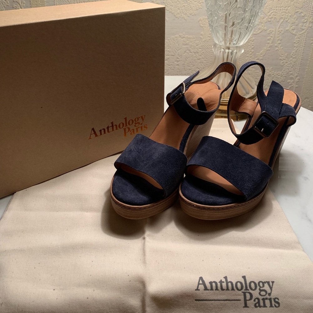 Anthology Paris Zambie Wedge Navy Sandals NIB SZ40